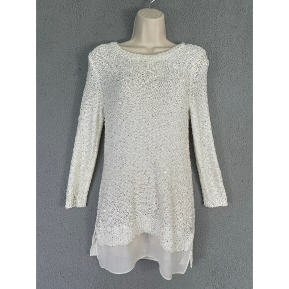 LOFT White Sequin Knit‎ Sweater Tunic Sheer Hem Women's Small - Picture 2 of 10